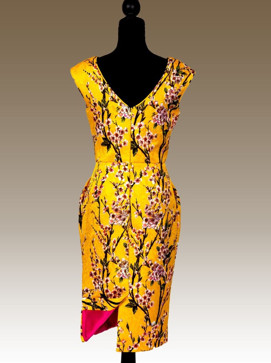 Cocktail Dress Brocade Fabric-Yellow Magical World of Color and Flowers of Cherry Blossom