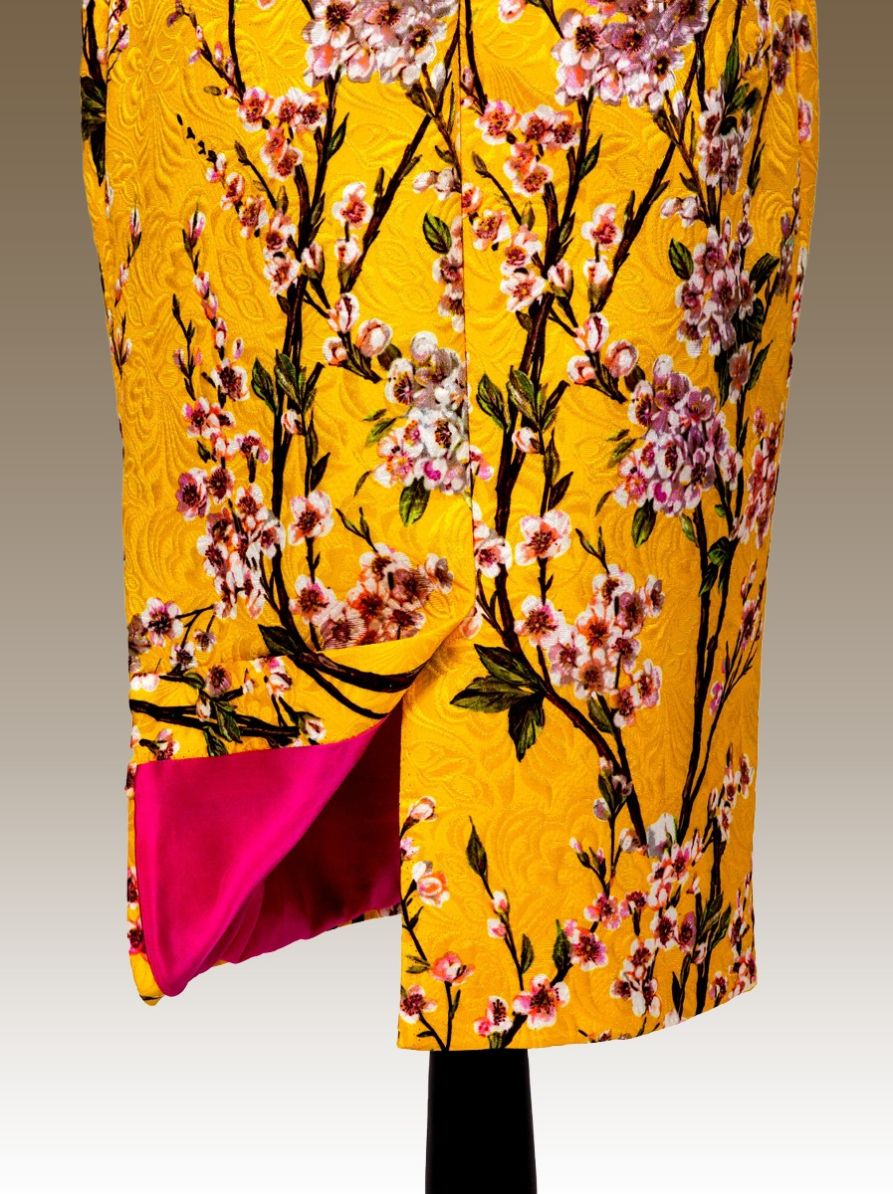 Cocktail Dress Brocade Fabric-Yellow Magical World of Color and Flowers of Cherry Blossom