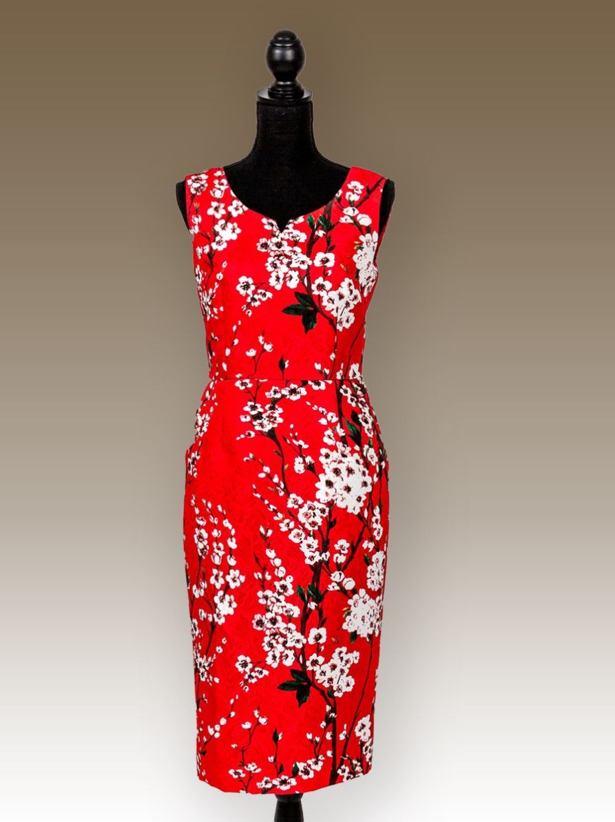 Cocktail Dress Brocade Fabric-Red and White Sunshine and Cherry Blossom 3
