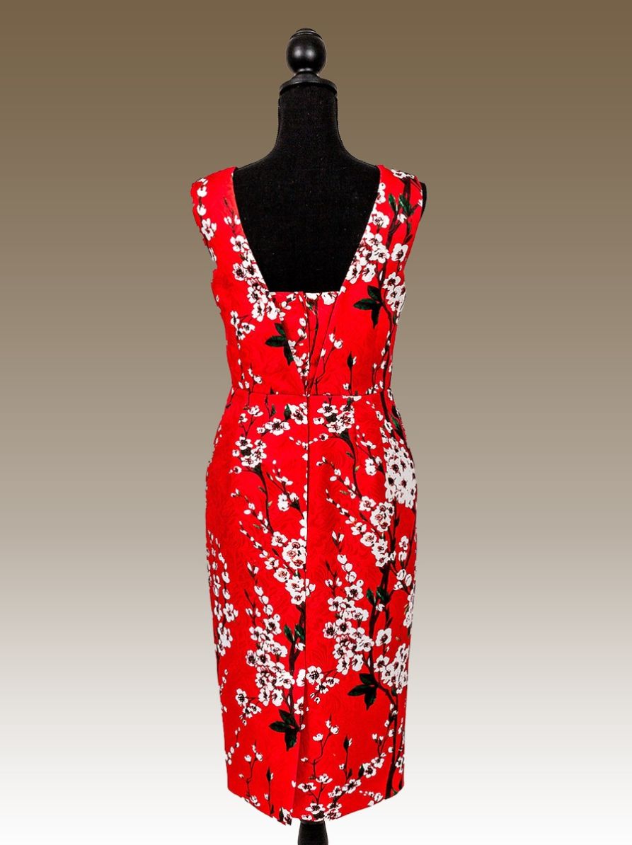 Cocktail Dress Brocade Fabric-Red and White Sunshine and Cherry Blossom 4