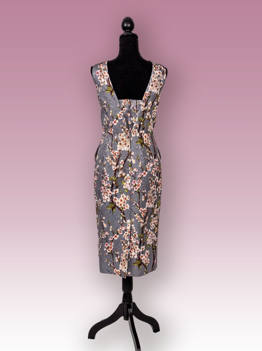 Cocktail Dress Brocade Fabric-Gray Delicate Print with Cherry Blossom 2