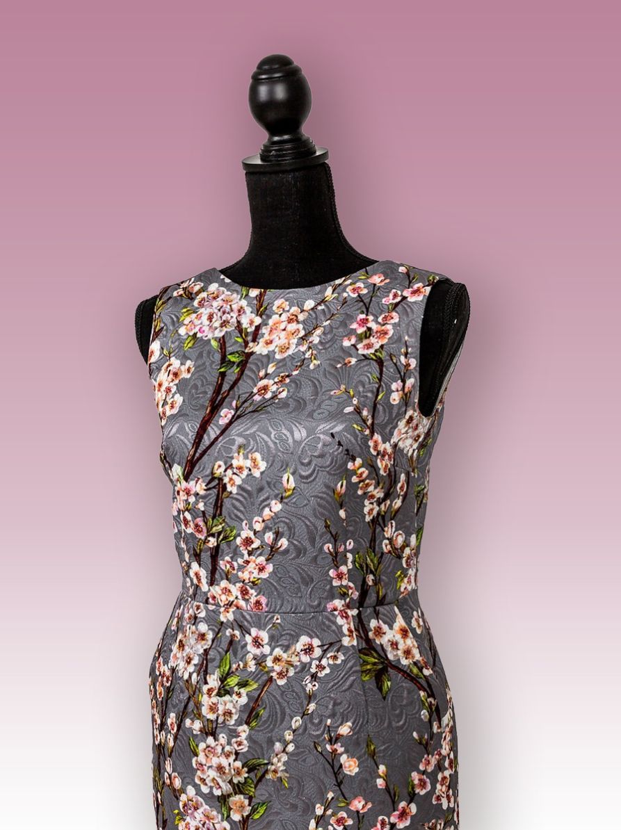 Cocktail Dress Brocade Fabric-Gray Delicate Print with Cherry Blossom 3