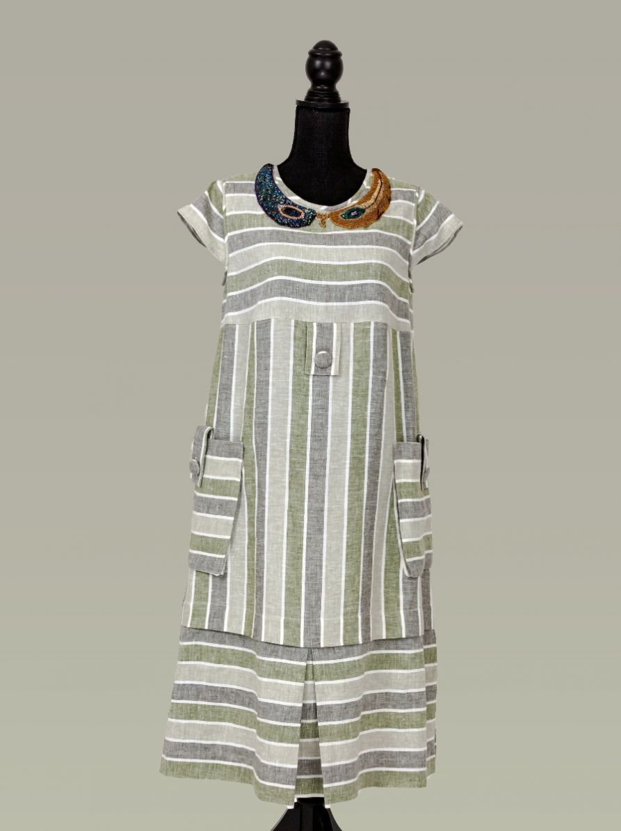 Dora Dress Of Heavy Stripped French Linen, In A Safari Style 1
