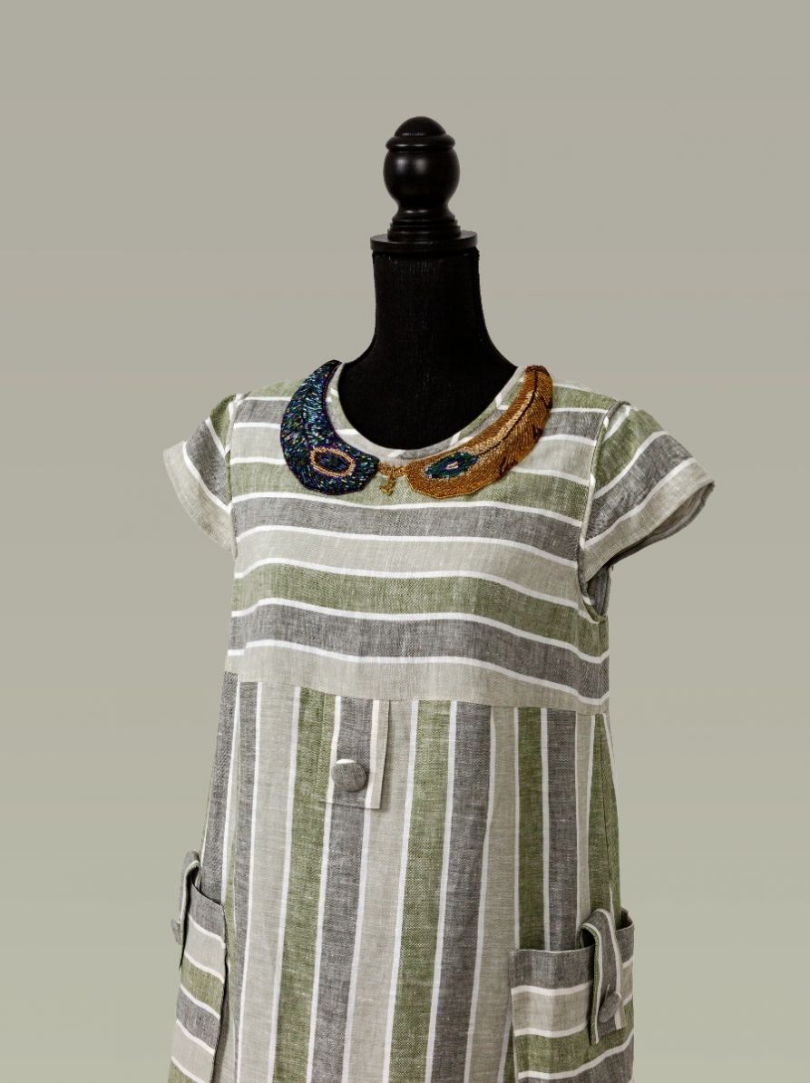 Dora Dress Of Heavy Stripped French Linen, In A Safari Style 2