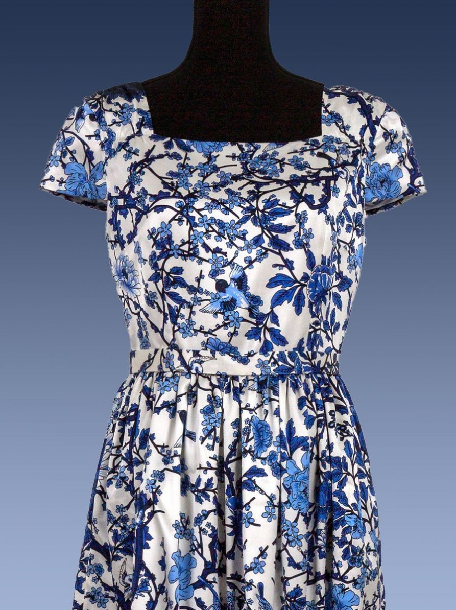 Ana, My Floral Blue Dream Stretch Silk Satin Fabric Brocade 1
