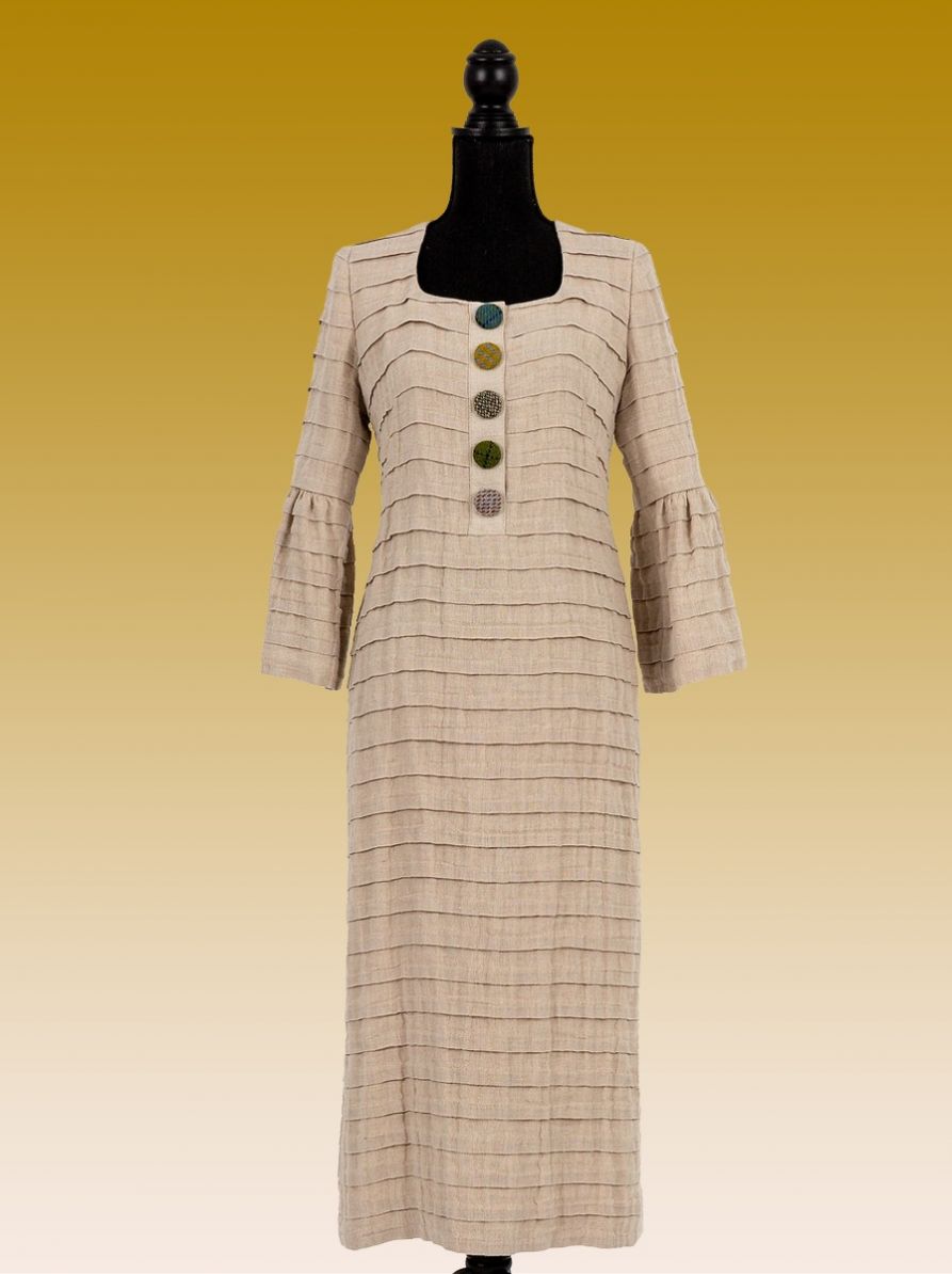 Lea, Faraway Antique Plise Linen Dress, With Floral Buttons 2
