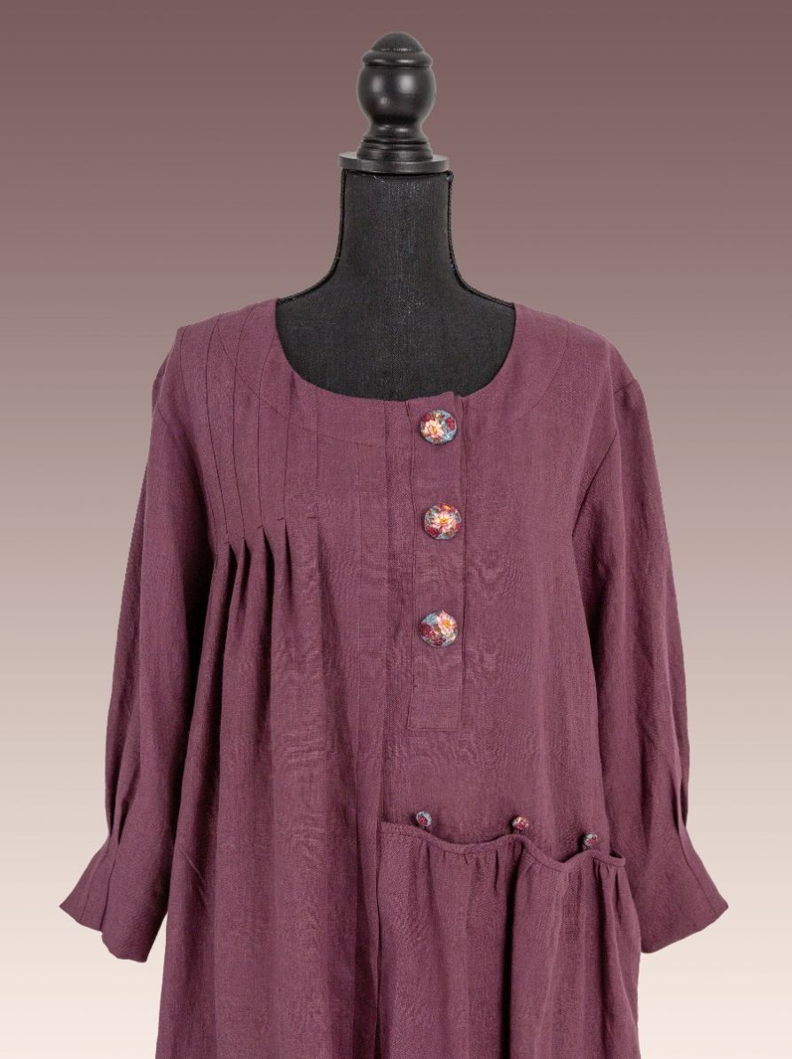 Lea, Purple love Lithuanian Soft Purple Linen, With Floral Linen Buttons 2