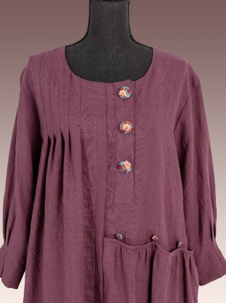 Lea, Purple love Lithuanian Soft Purple Linen, With Floral Linen Buttons 3