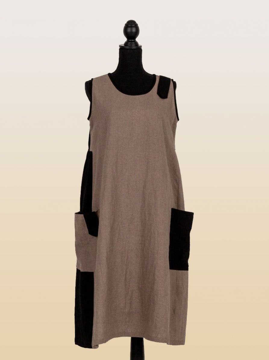 Sorana, Summer Mystery French Moca And Black Linen Dress In A Lovely Country Side Style With Details 1