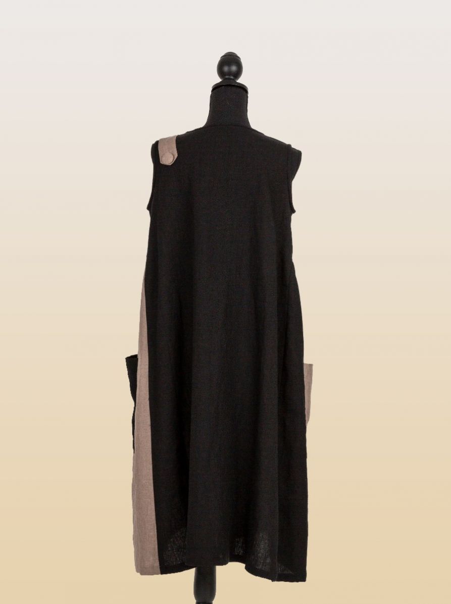 Sorana, Summer Mystery French Moca And Black Linen Dress In A Lovely Country Side Style With Details 3