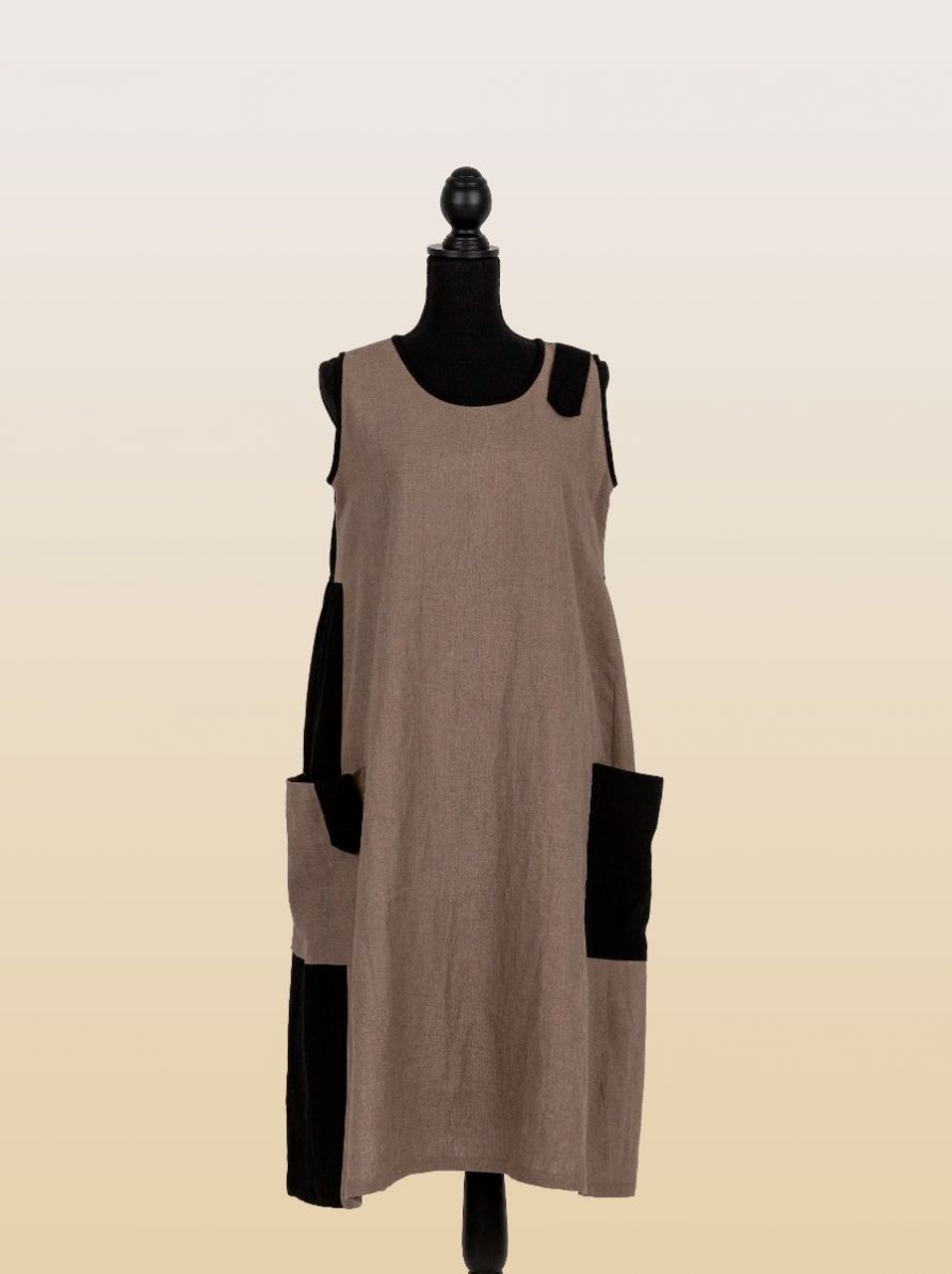 Sorana, Summer Mystery French Moca And Black Linen Dress In A Lovely Country Side Style With Details 4