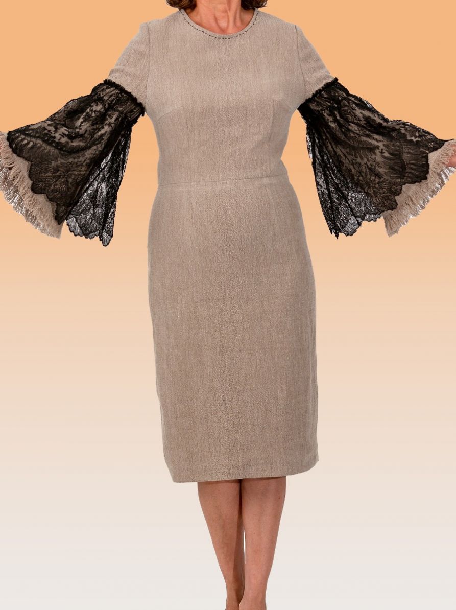 Sorana, Forever Frolicking Chic Fitted Dress In Beige Linen And 1940 French Lace 1