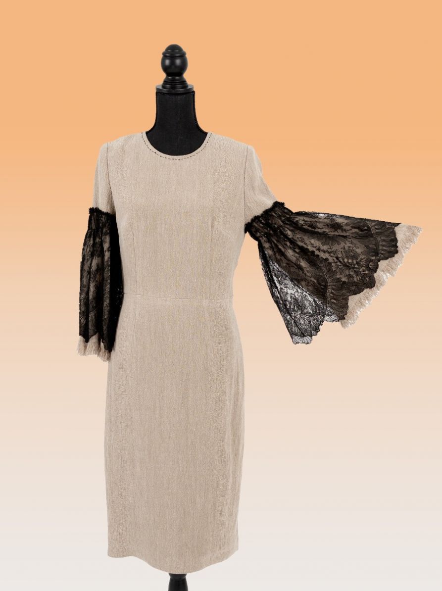 Sorana, Forever Frolicking Chic Fitted Dress In Beige Linen And 1940 French Lace 6