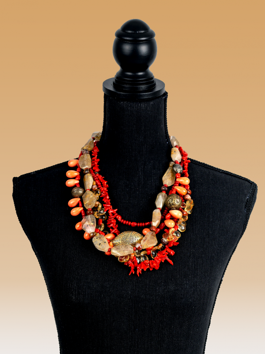 Coral Necklace Natural Coral Branches, Citrine, Natural Genuine Moss Agate Mala.