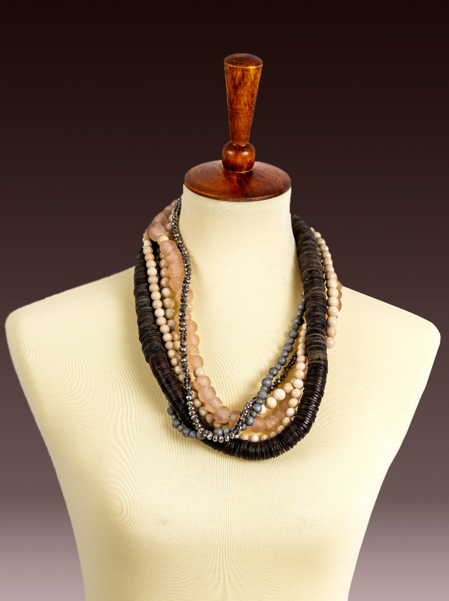Beautiful Necklace made with Coconut Shell, African Glass, River stone, Druzy Quartz and .Chinese Faceted Glass