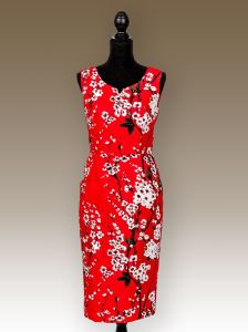 Cocktail Dress Brocade Fabric-Red and White Sunshine and Cherry Blossom 1
