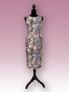 Cocktail Dress Brocade Fabric-Gray Delicate Print with Cherry Blossom 1